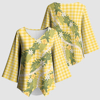 Aloha Puakenikeni Anthurium Pikake Lei Kimono Sleeve Blouse Gold Hawaiian Palaka Pattern