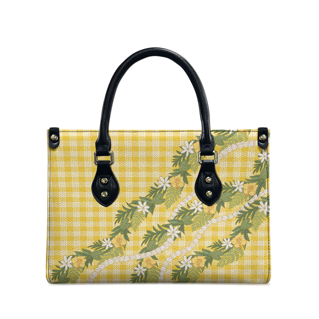 Aloha Puakenikeni Anthurium Pikake Lei Leather Bag Gold Hawaiian Palaka Pattern
