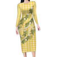 Aloha Puakenikeni Anthurium Pikake Lei Long Sleeve Bodycon Dress Gold Hawaiian Palaka Pattern
