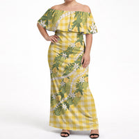Aloha Puakenikeni Anthurium Pikake Lei Off Shoulder Maxi Dress Gold Hawaiian Palaka Pattern LT9 Women Gold - Polynesian Pride
