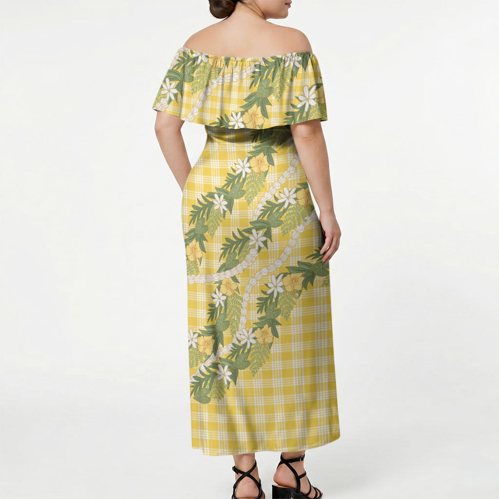 Aloha Puakenikeni Anthurium Pikake Lei Off Shoulder Maxi Dress Gold Hawaiian Palaka Pattern LT9 - Polynesian Pride