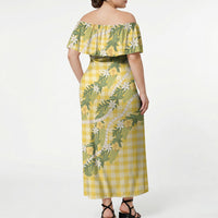 Aloha Puakenikeni Anthurium Pikake Lei Off Shoulder Maxi Dress Gold Hawaiian Palaka Pattern LT9 - Polynesian Pride