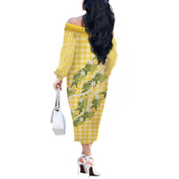 Aloha Puakenikeni Anthurium Pikake Lei Off The Shoulder Long Sleeve Dress Gold Hawaiian Palaka Pattern
