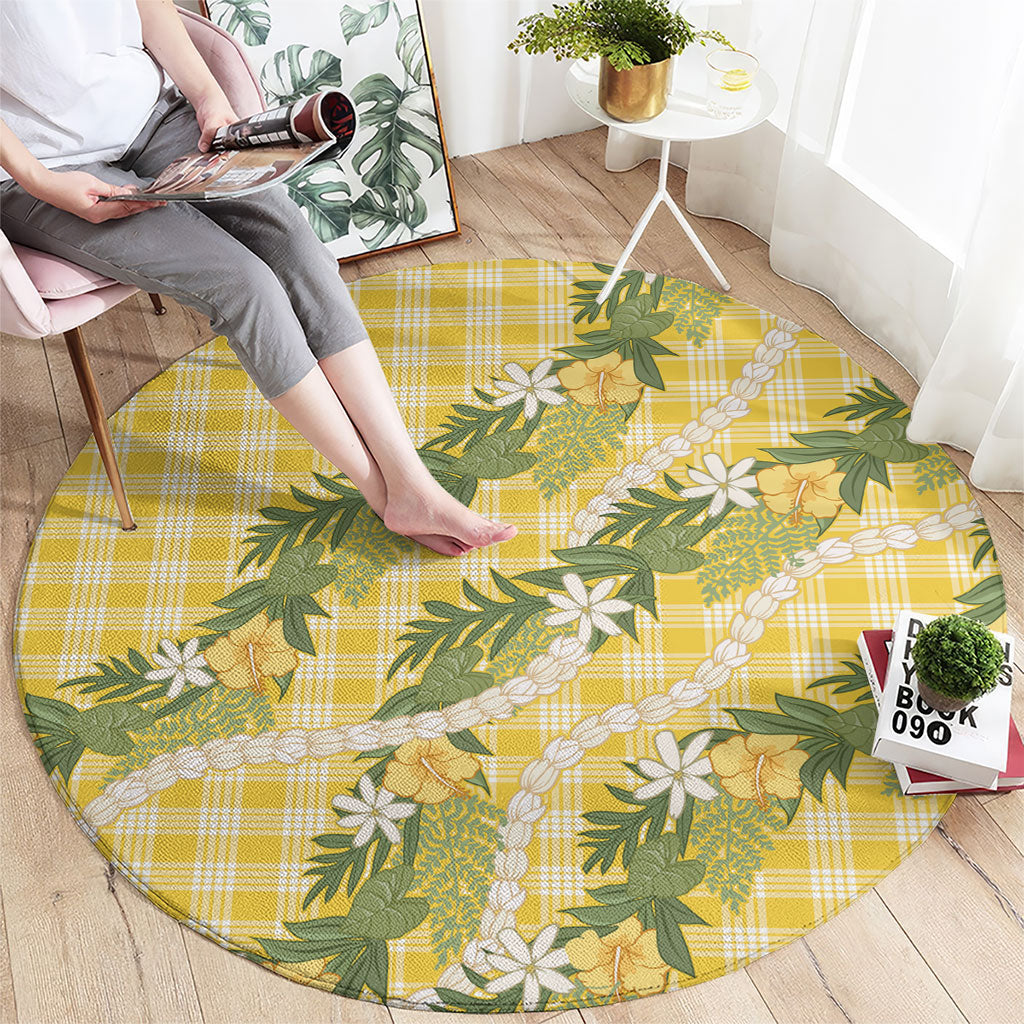 Aloha Puakenikeni Anthurium Pikake Lei Round Carpet Gold Hawaiian Palaka Pattern