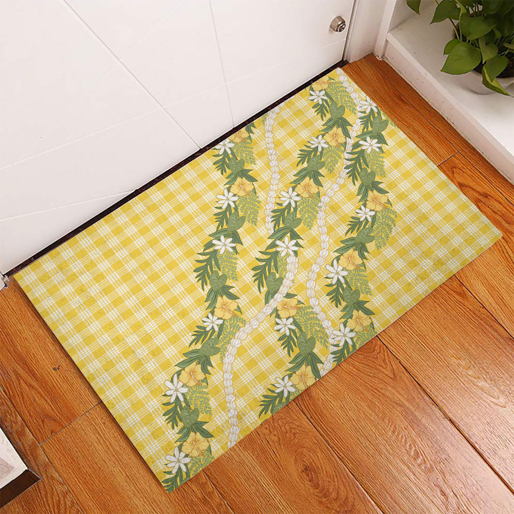 Aloha Puakenikeni Anthurium Pikake Lei Rubber Doormat Gold Hawaiian Palaka Pattern