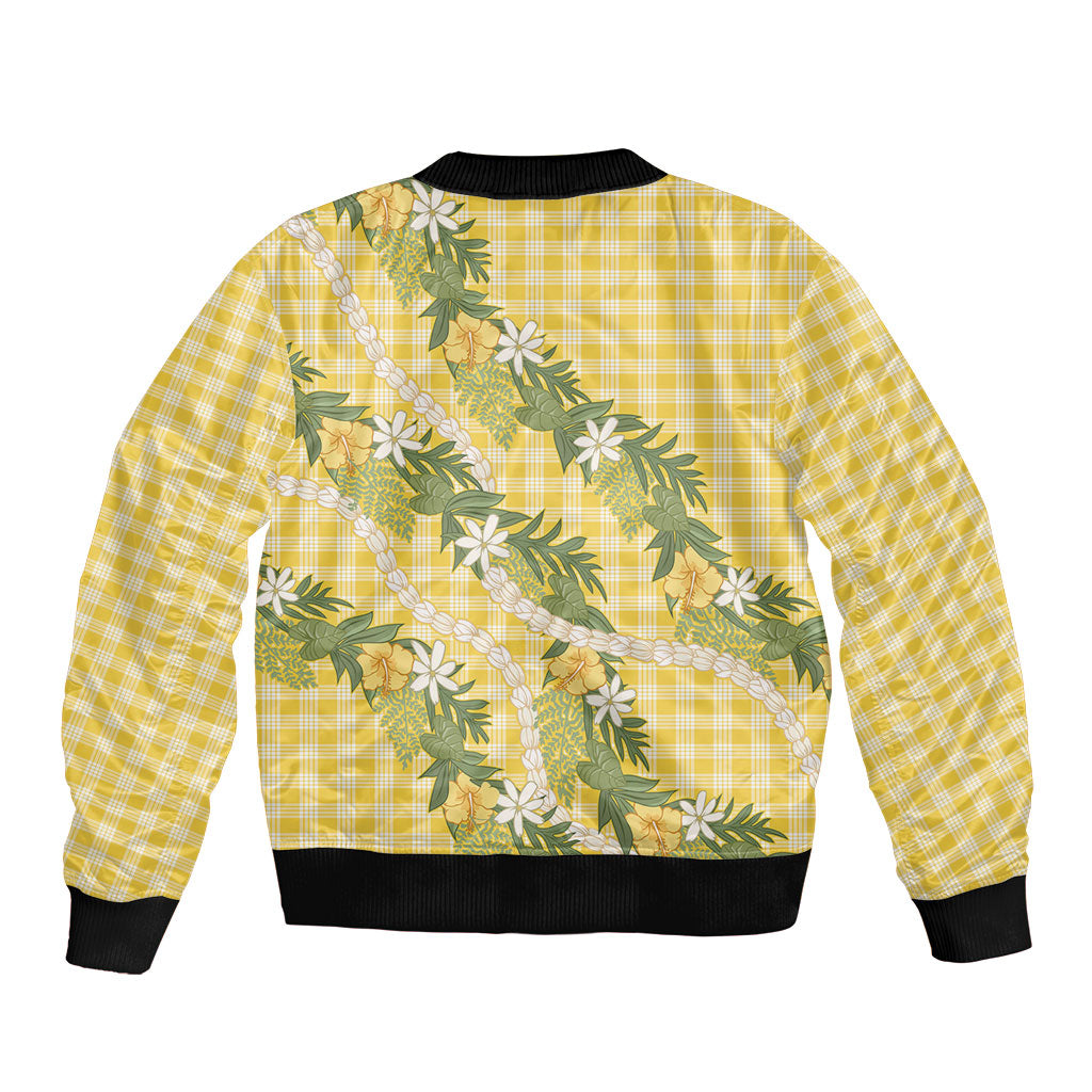 Aloha Puakenikeni Anthurium Pikake Lei Sleeve Zip Bomber Jacket Gold Hawaiian Palaka Pattern