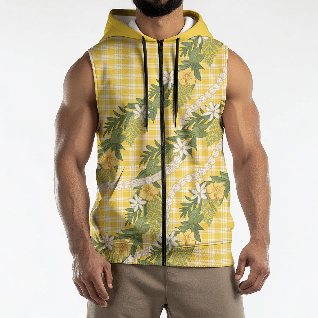 Aloha Puakenikeni Anthurium Pikake Lei Sleeveless Zip Hoodie Gold Hawaiian Palaka Pattern