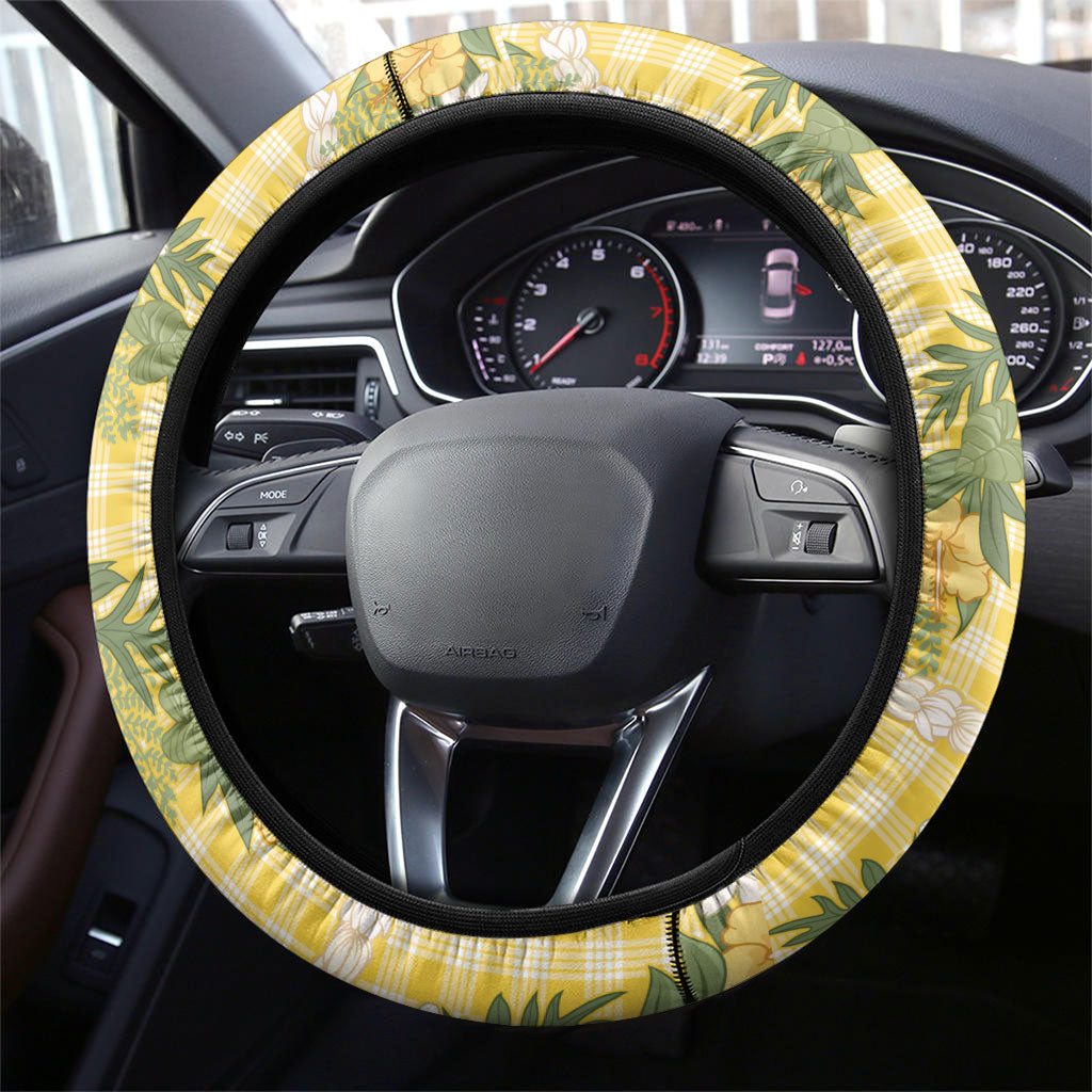 Aloha Puakenikeni Anthurium Pikake Lei Steering Wheel Cover Gold Hawaiian Palaka Pattern
