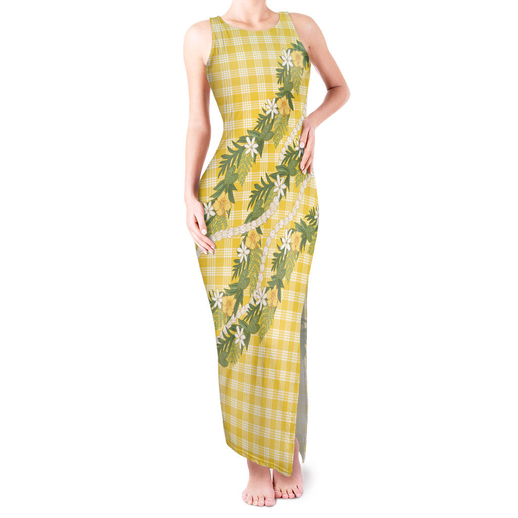 Aloha Puakenikeni Anthurium Pikake Lei Tank Maxi Dress Gold Hawaiian Palaka Pattern