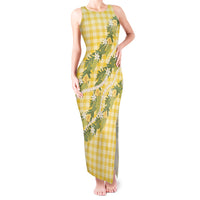 Aloha Puakenikeni Anthurium Pikake Lei Tank Maxi Dress Gold Hawaiian Palaka Pattern