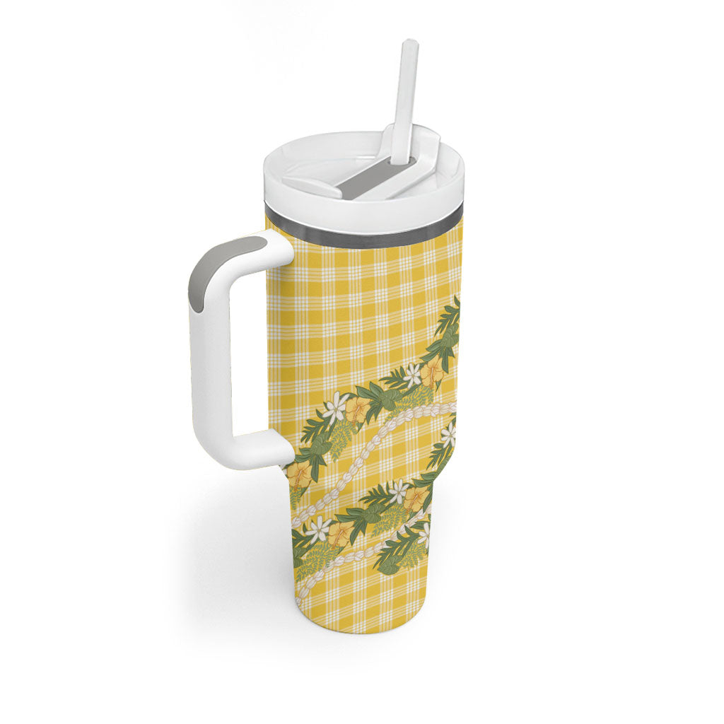 Aloha Puakenikeni Anthurium Pikake Lei Tumbler With Handle Gold Hawaiian Palaka Pattern