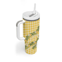 Aloha Puakenikeni Anthurium Pikake Lei Tumbler With Handle Gold Hawaiian Palaka Pattern