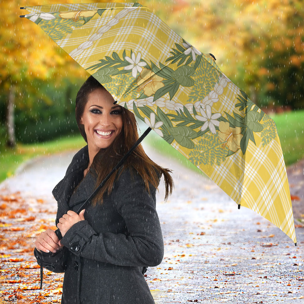 Aloha Puakenikeni Anthurium Pikake Lei Umbrella Gold Hawaiian Palaka Pattern