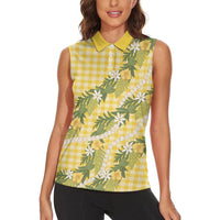 Aloha Puakenikeni Anthurium Pikake Lei Women Sleeveless Polo Shirt Gold Hawaiian Palaka Pattern LT9 - Polynesian Pride