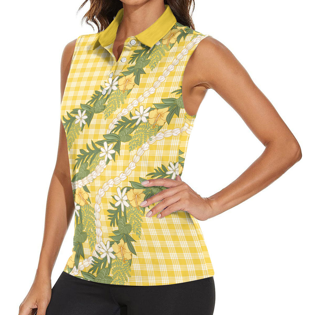 Aloha Puakenikeni Anthurium Pikake Lei Women Sleeveless Polo Shirt Gold Hawaiian Palaka Pattern LT9 - Polynesian Pride