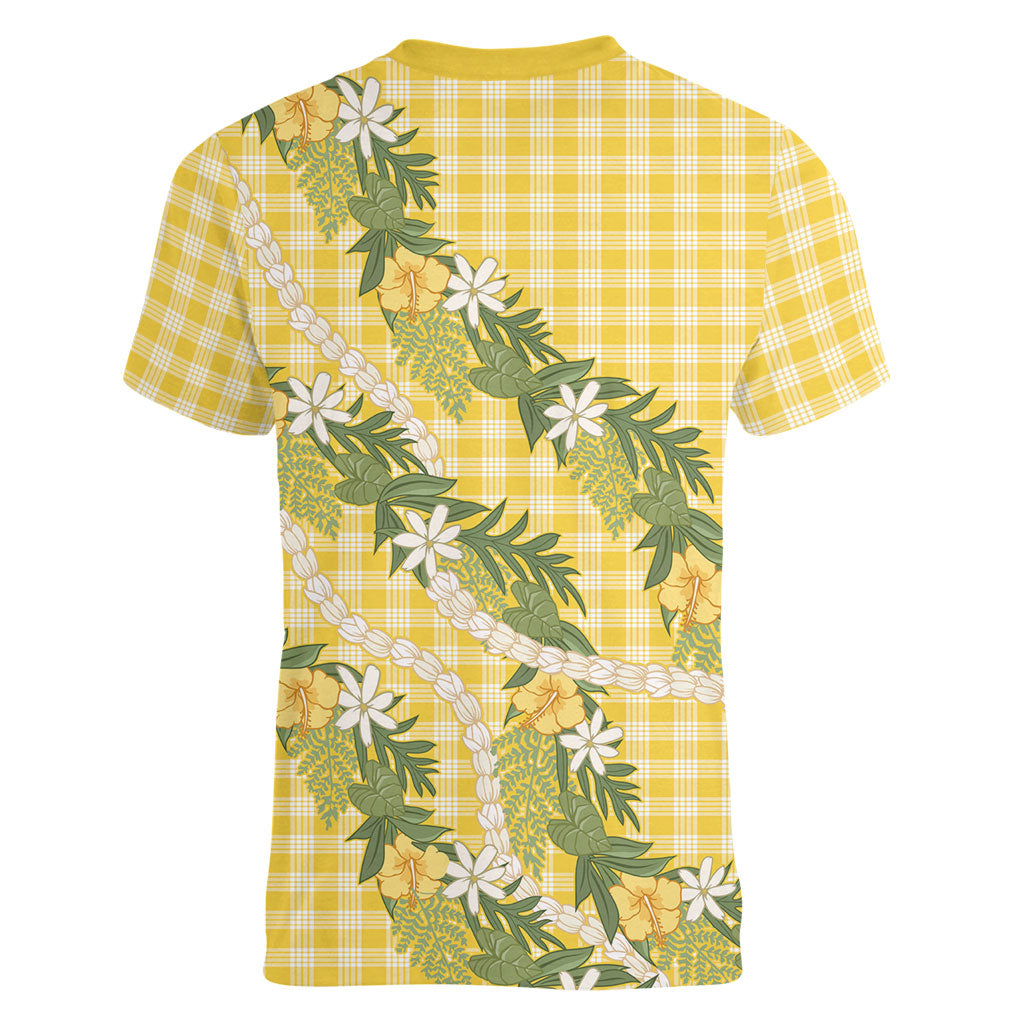 Aloha Puakenikeni Anthurium Pikake Lei Women V-Neck T-Shirt Gold Hawaiian Palaka Pattern LT9 - Polynesian Pride