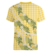 Aloha Puakenikeni Anthurium Pikake Lei Women V-Neck T-Shirt Gold Hawaiian Palaka Pattern LT9 - Polynesian Pride
