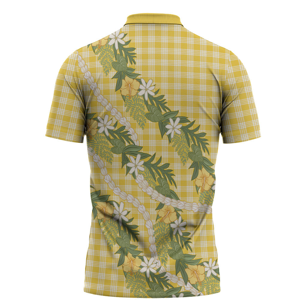 Aloha Puakenikeni Anthurium Pikake Lei Zipper Polo Shirt Gold Hawaiian Palaka Pattern