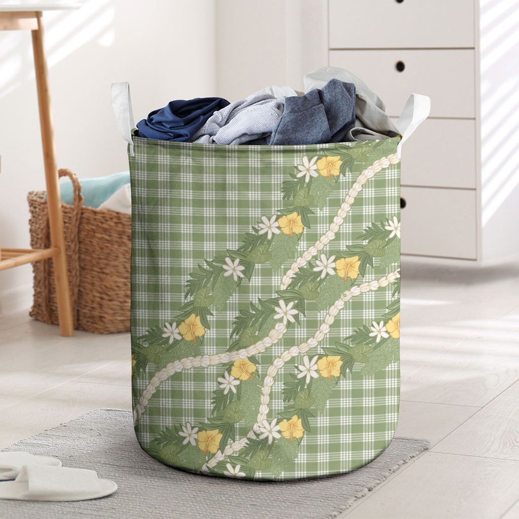 Aloha Puakenikeni Anthurium Pikake Lei Laundry Basket Green Hawaiian Palaka Pattern