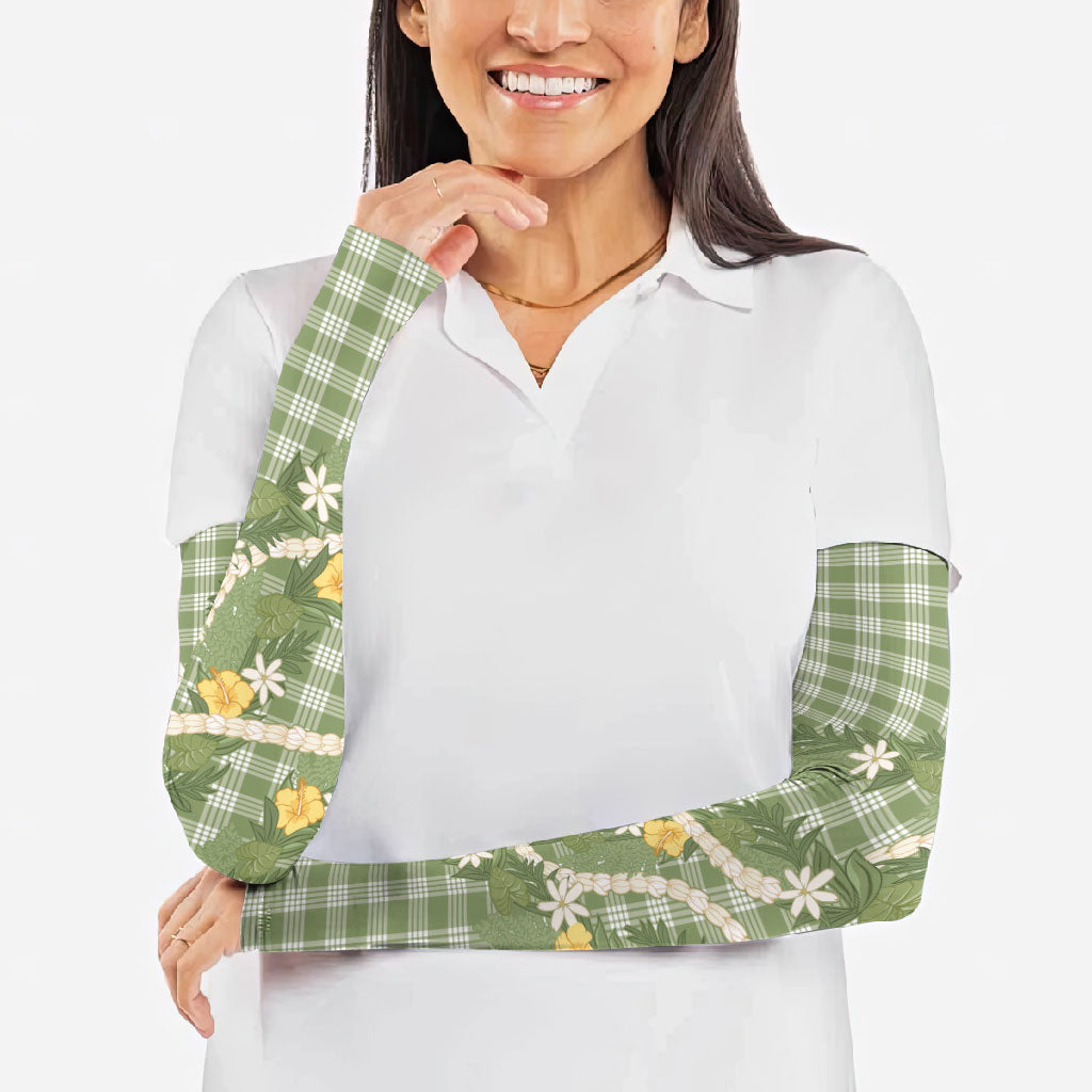 Aloha Puakenikeni Anthurium Pikake Lei Arm Sleeves Green Hawaiian Palaka Pattern