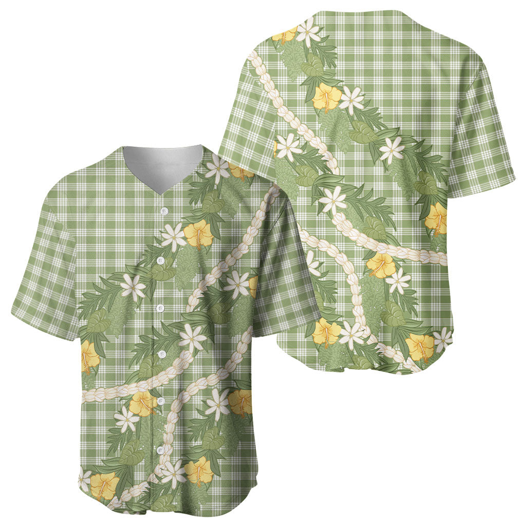Aloha Puakenikeni Anthurium Pikake Lei Baseball Jersey Green Hawaiian Palaka Pattern
