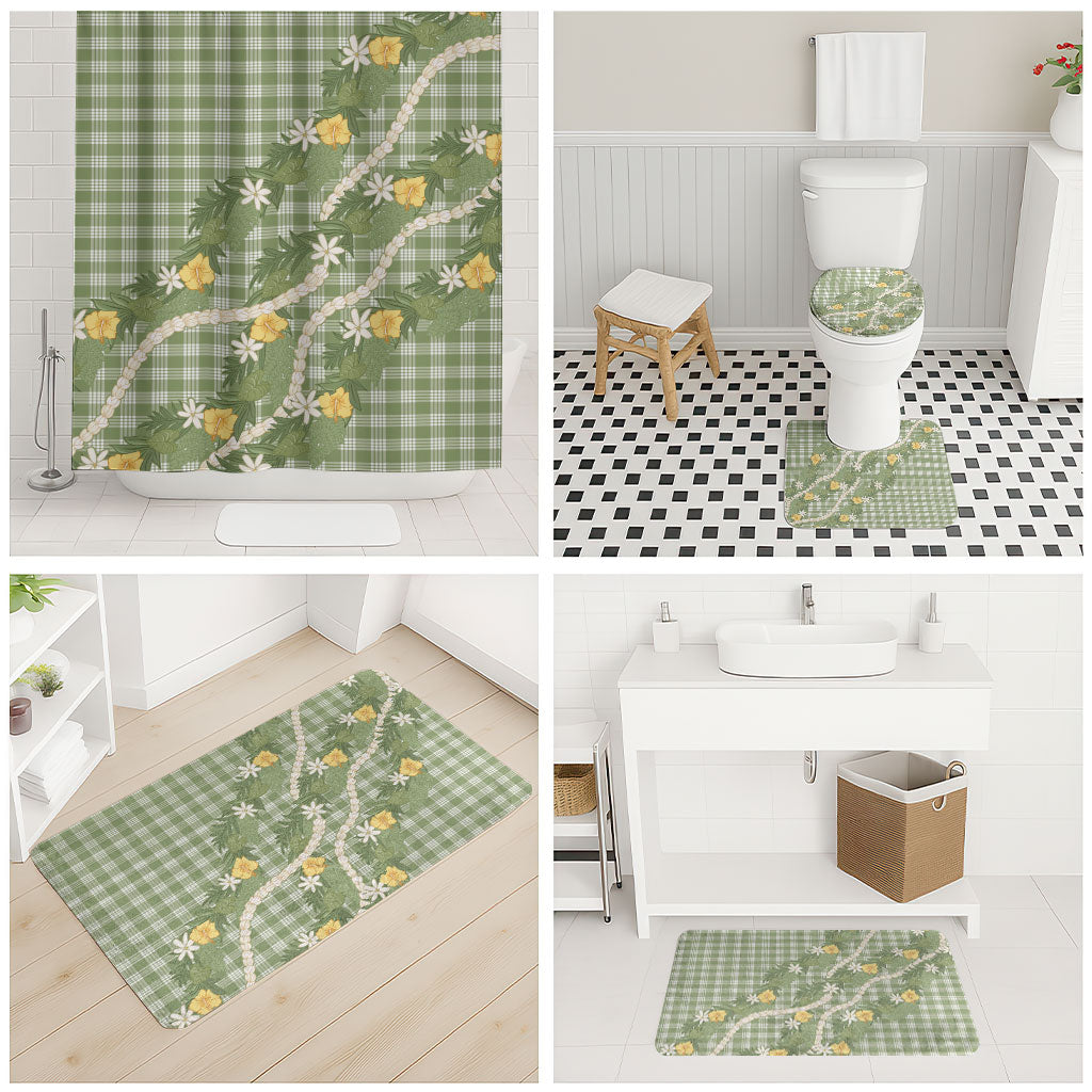 Aloha Puakenikeni Anthurium Pikake Lei Bathroom Set Green Hawaiian Palaka Pattern