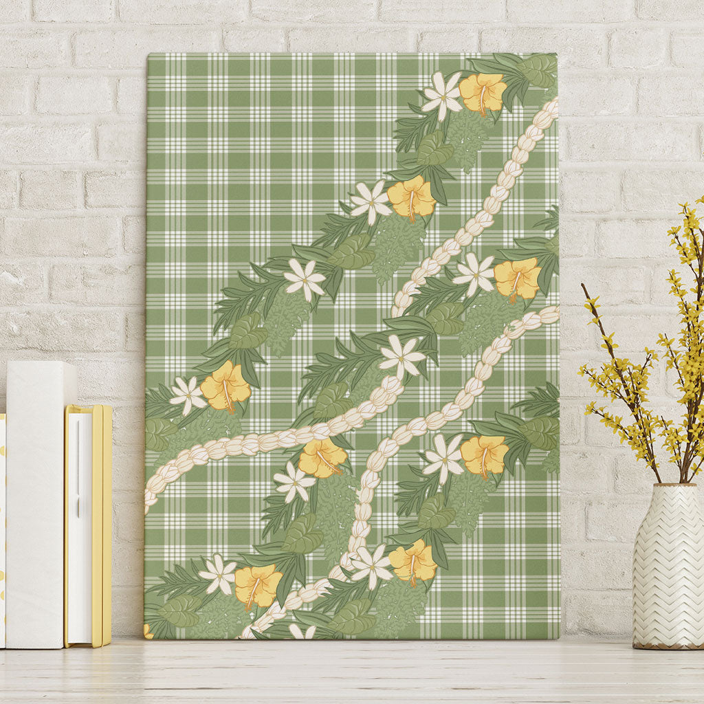 Aloha Puakenikeni Anthurium Pikake Lei Canvas Wall Art Green Hawaiian Palaka Pattern