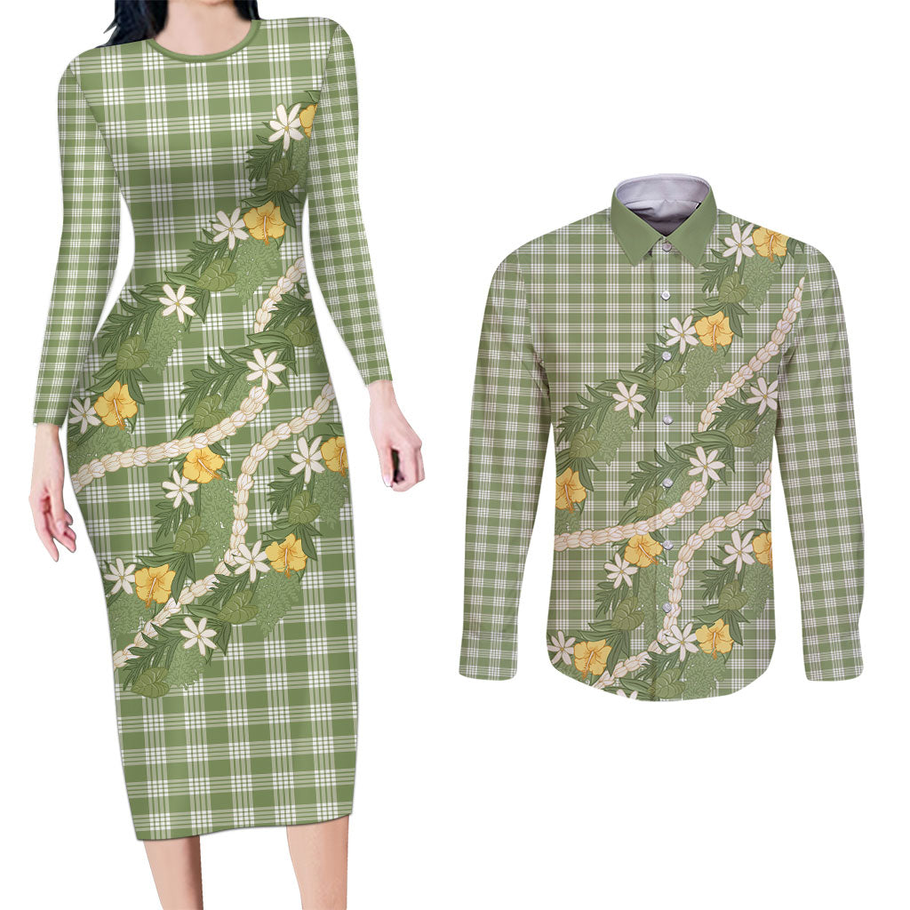 Aloha Puakenikeni Anthurium Pikake Lei Couples Matching Long Sleeve Bodycon Dress and Long Sleeve Button Shirt Green Hawaiian Palaka Pattern LT9 Green - Polynesian Pride
