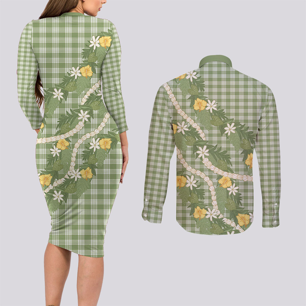 Aloha Puakenikeni Anthurium Pikake Lei Couples Matching Long Sleeve Bodycon Dress and Long Sleeve Button Shirt Green Hawaiian Palaka Pattern LT9 - Polynesian Pride