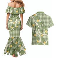 Aloha Puakenikeni Anthurium Pikake Lei Couples Matching Mermaid Dress and Hawaiian Shirt Green Hawaiian Palaka Pattern LT9 - Polynesian Pride