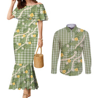 Aloha Puakenikeni Anthurium Pikake Lei Couples Matching Mermaid Dress and Long Sleeve Button Shirt Green Hawaiian Palaka Pattern LT9 Green - Polynesian Pride