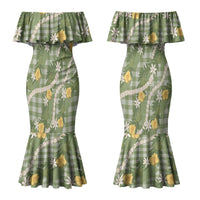 Aloha Puakenikeni Anthurium Pikake Lei Couples Matching Mermaid Dress and Long Sleeve Button Shirt Green Hawaiian Palaka Pattern LT9 - Polynesian Pride