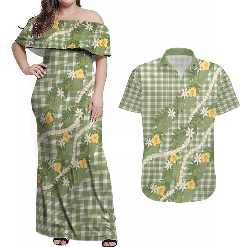 Aloha Puakenikeni Anthurium Pikake Lei Couples Matching Off Shoulder Maxi Dress and Hawaiian Shirt Green Hawaiian Palaka Pattern LT9 Green - Polynesian Pride