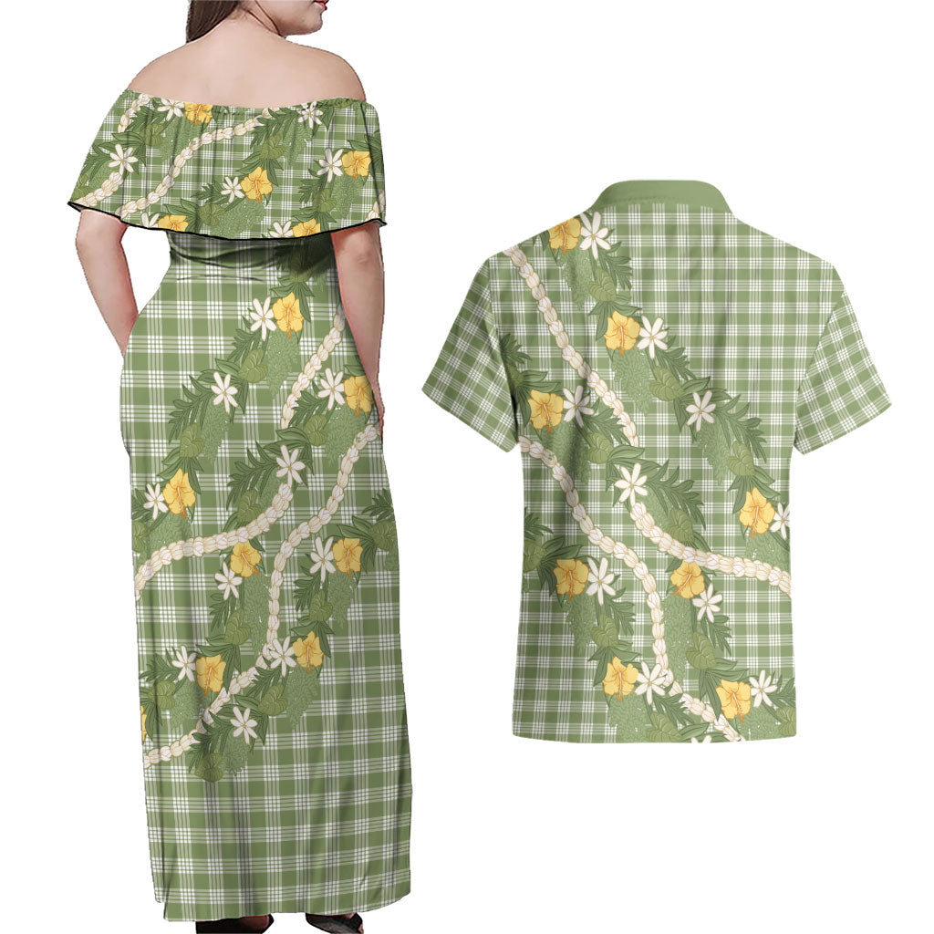 Aloha Puakenikeni Anthurium Pikake Lei Couples Matching Off Shoulder Maxi Dress and Hawaiian Shirt Green Hawaiian Palaka Pattern LT9 - Polynesian Pride