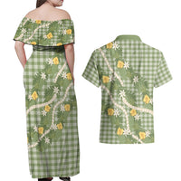 Aloha Puakenikeni Anthurium Pikake Lei Couples Matching Off Shoulder Maxi Dress and Hawaiian Shirt Green Hawaiian Palaka Pattern LT9 - Polynesian Pride