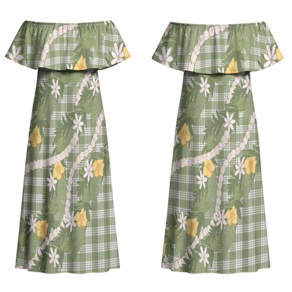 Aloha Puakenikeni Anthurium Pikake Lei Couples Matching Off Shoulder Maxi Dress and Hawaiian Shirt Green Hawaiian Palaka Pattern LT9 - Polynesian Pride
