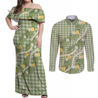 Aloha Puakenikeni Anthurium Pikake Lei Couples Matching Off Shoulder Maxi Dress and Long Sleeve Button Shirt Green Hawaiian Palaka Pattern LT9 Green - Polynesian Pride