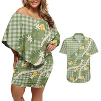 Aloha Puakenikeni Anthurium Pikake Lei Couples Matching Off Shoulder Short Dress and Hawaiian Shirt Green Hawaiian Palaka Pattern LT9 Green - Polynesian Pride