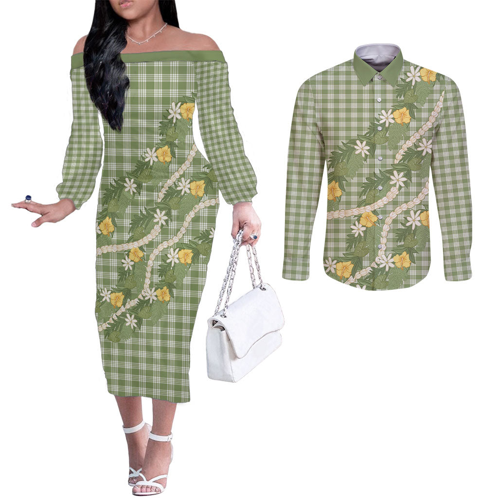 Aloha Puakenikeni Anthurium Pikake Lei Couples Matching Off The Shoulder Long Sleeve Dress and Long Sleeve Button Shirt Green Hawaiian Palaka Pattern LT9 Green - Polynesian Pride