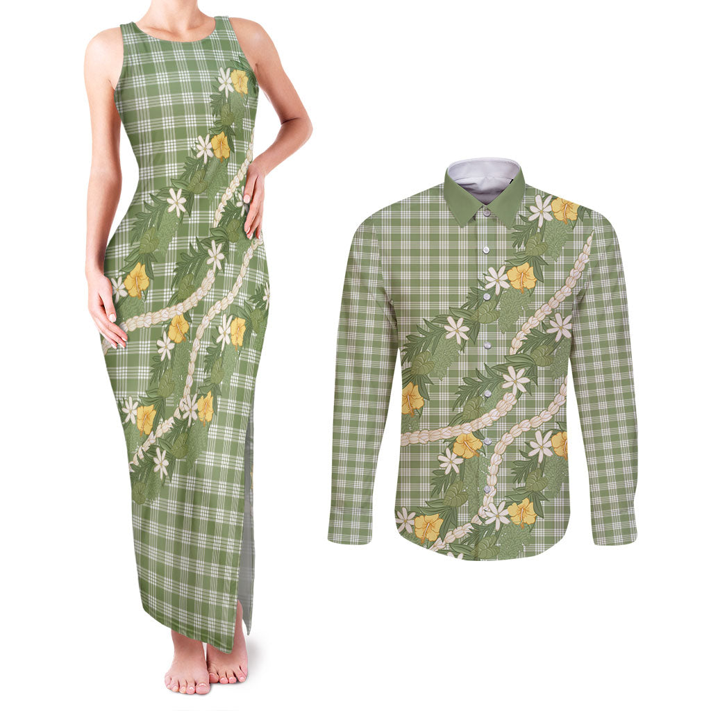 Aloha Puakenikeni Anthurium Pikake Lei Couples Matching Tank Maxi Dress and Long Sleeve Button Shirt Green Hawaiian Palaka Pattern