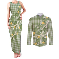 Aloha Puakenikeni Anthurium Pikake Lei Couples Matching Tank Maxi Dress and Long Sleeve Button Shirt Green Hawaiian Palaka Pattern LT9 Green - Polynesian Pride