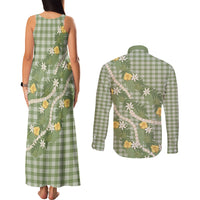 Aloha Puakenikeni Anthurium Pikake Lei Couples Matching Tank Maxi Dress and Long Sleeve Button Shirt Green Hawaiian Palaka Pattern LT9 - Polynesian Pride