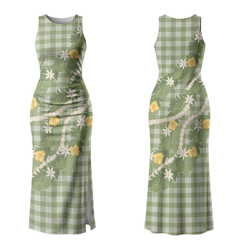 Aloha Puakenikeni Anthurium Pikake Lei Couples Matching Tank Maxi Dress and Long Sleeve Button Shirt Green Hawaiian Palaka Pattern LT9 - Polynesian Pride