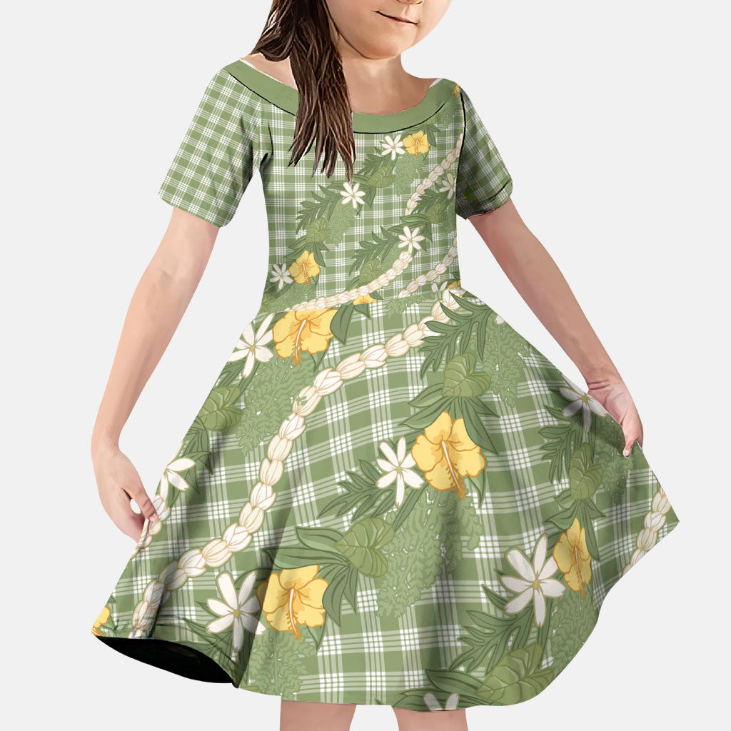 Aloha Puakenikeni Anthurium Pikake Lei Family Matching Long Sleeve Bodycon Dress and Hawaiian Shirt Green Hawaiian Palaka Pattern LT9 Daughter's Dress Green - Polynesian Pride