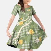 Aloha Puakenikeni Anthurium Pikake Lei Family Matching Mermaid Dress and Hawaiian Shirt Green Hawaiian Palaka Pattern LT9 Daughter's Dress Green - Polynesian Pride