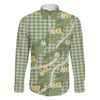 Aloha Puakenikeni Anthurium Pikake Lei Family Matching Mermaid Dress and Hawaiian Shirt Green Hawaiian Palaka Pattern LT9 Dad's Shirt - Long Sleeve Green - Polynesian Pride