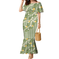 Aloha Puakenikeni Anthurium Pikake Lei Family Matching Mermaid Dress and Hawaiian Shirt Green Hawaiian Palaka Pattern LT9 Mom's Dress Green - Polynesian Pride