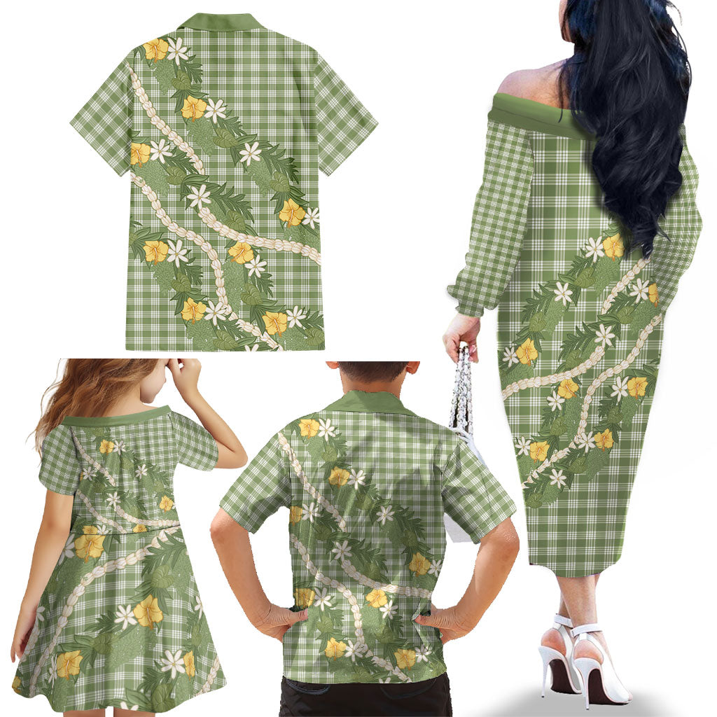 Aloha Puakenikeni Anthurium Pikake Lei Family Matching Off The Shoulder Long Sleeve Dress and Hawaiian Shirt Green Hawaiian Palaka Pattern LT9 - Polynesian Pride