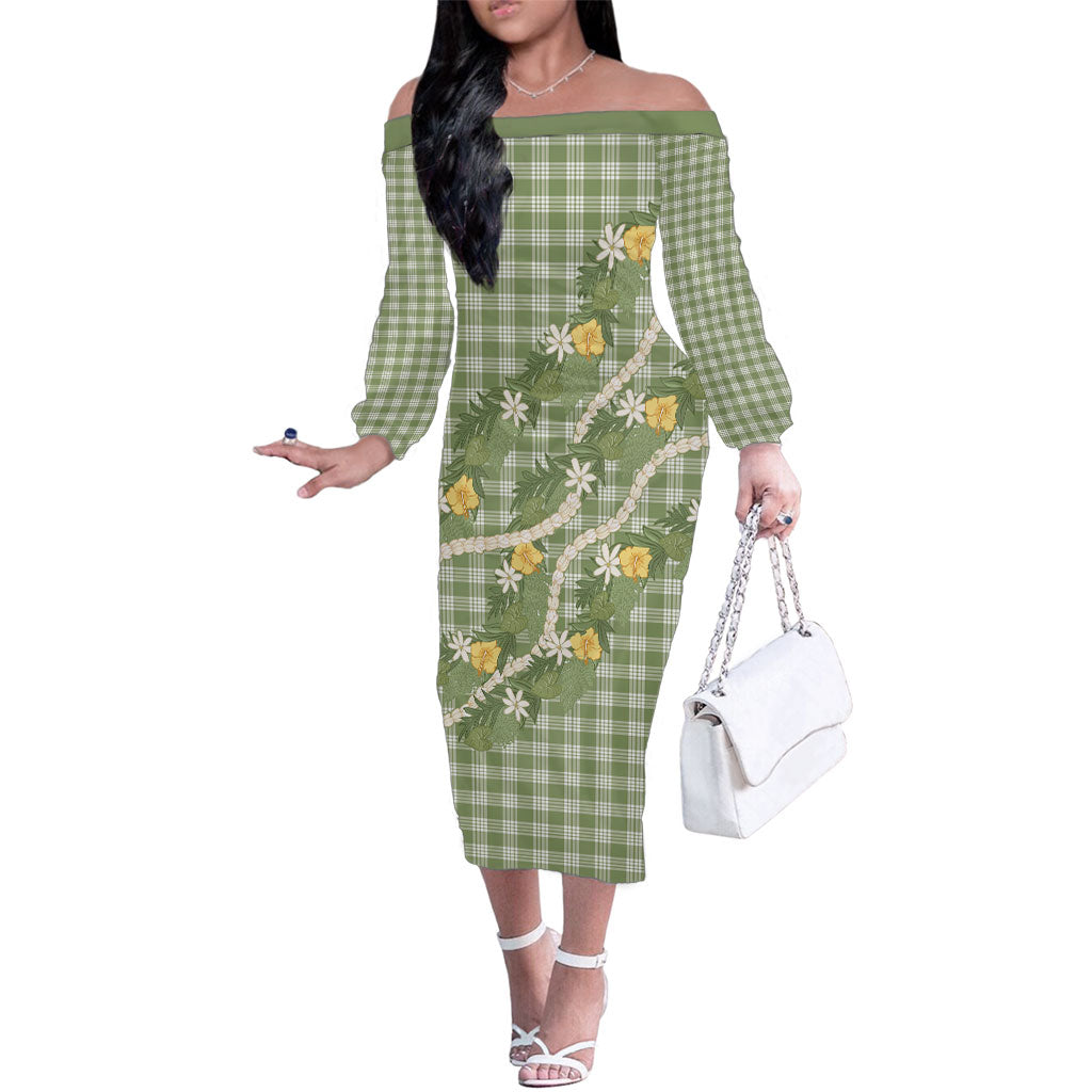 Aloha Puakenikeni Anthurium Pikake Lei Family Matching Off The Shoulder Long Sleeve Dress and Hawaiian Shirt Green Hawaiian Palaka Pattern LT9 Mom's Dress Green - Polynesian Pride