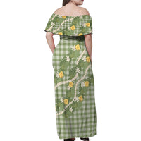 Aloha Puakenikeni Anthurium Pikake Lei Family Matching Off Shoulder Maxi Dress and Hawaiian Shirt Green Hawaiian Palaka Pattern LT9 - Polynesian Pride